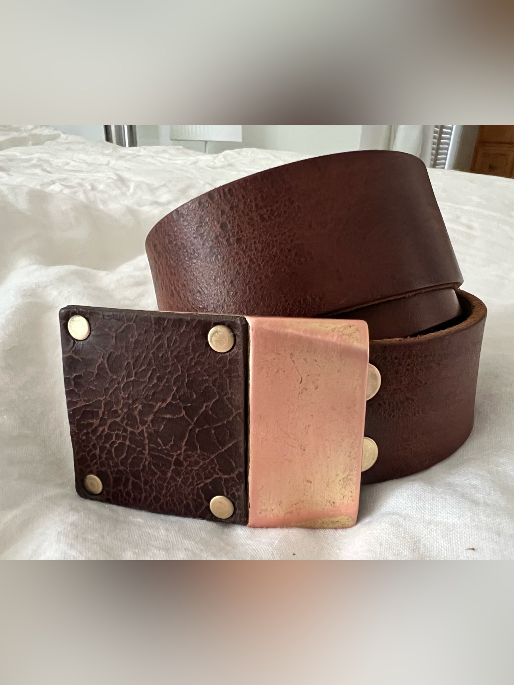 Distressed Belt Copper And Brass Modernist Italy Size 34 Buffalo Leather Brown